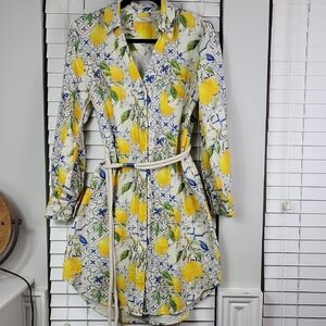 INEJ Lemon Print Long Sleeve Shirt Dress in Yellow and Blue. Size M